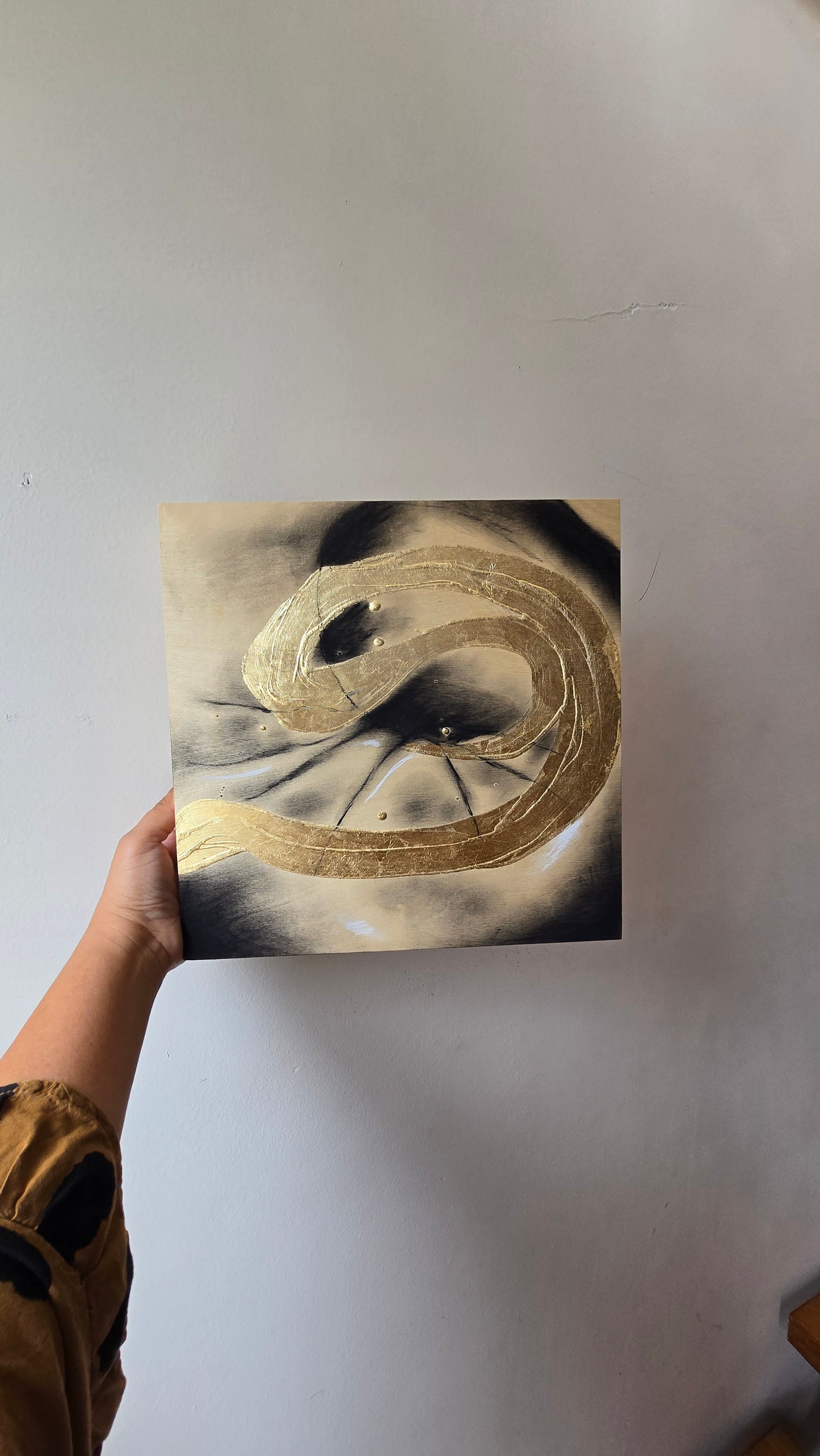 'Solar Plexus' charcoal and gold foil on wooden board