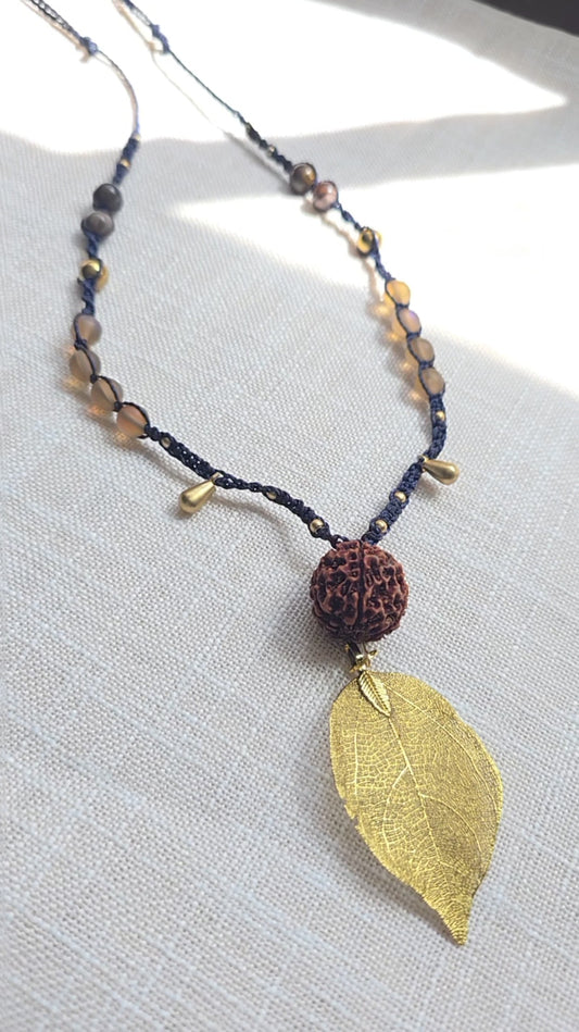 Gold Leaf Rudraksha seed Bronze Jasper Brown Labradorite Necklace