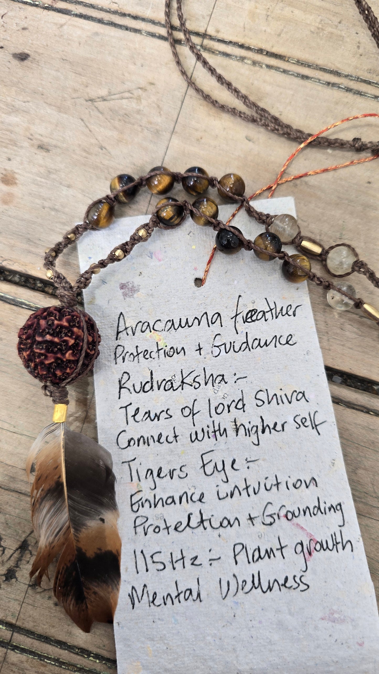 Aracuna Feather Rudraksha Tigers Eye 115Hz Necklace