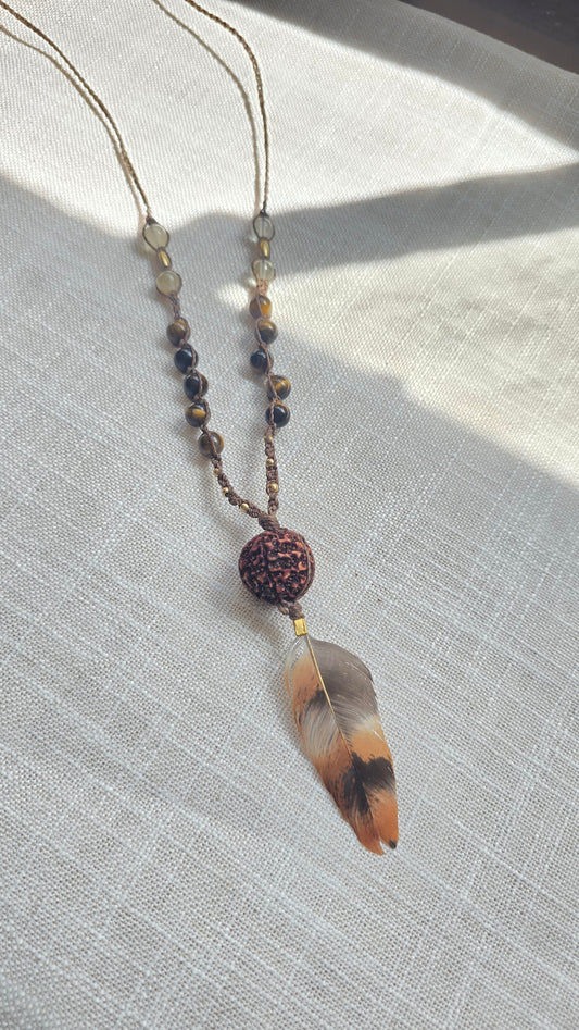 Aracuna Feather Rudraksha Tigers Eye 115Hz Necklace