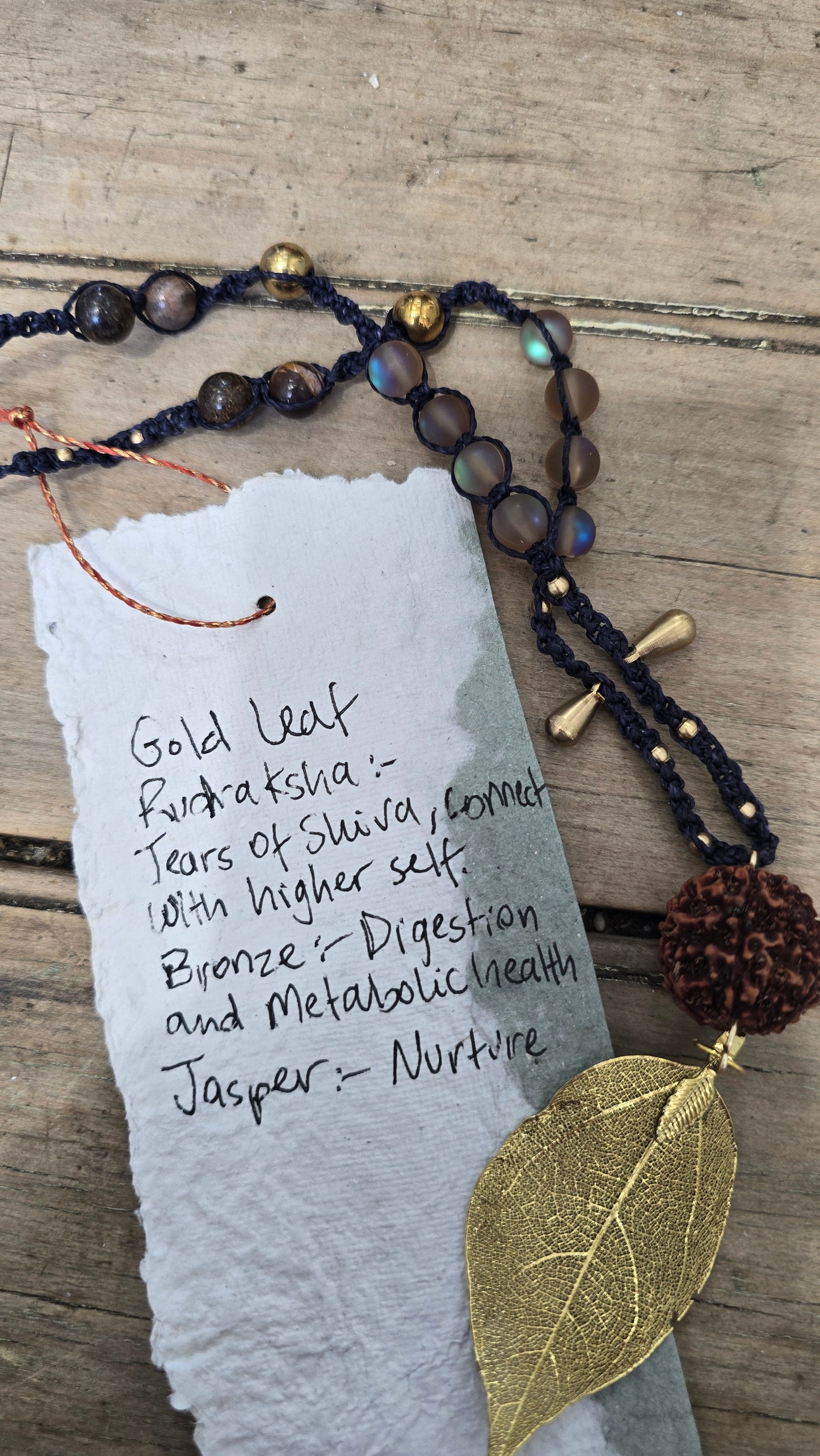 Gold Leaf Rudraksha seed Bronze Jasper Brown Labradorite Necklace