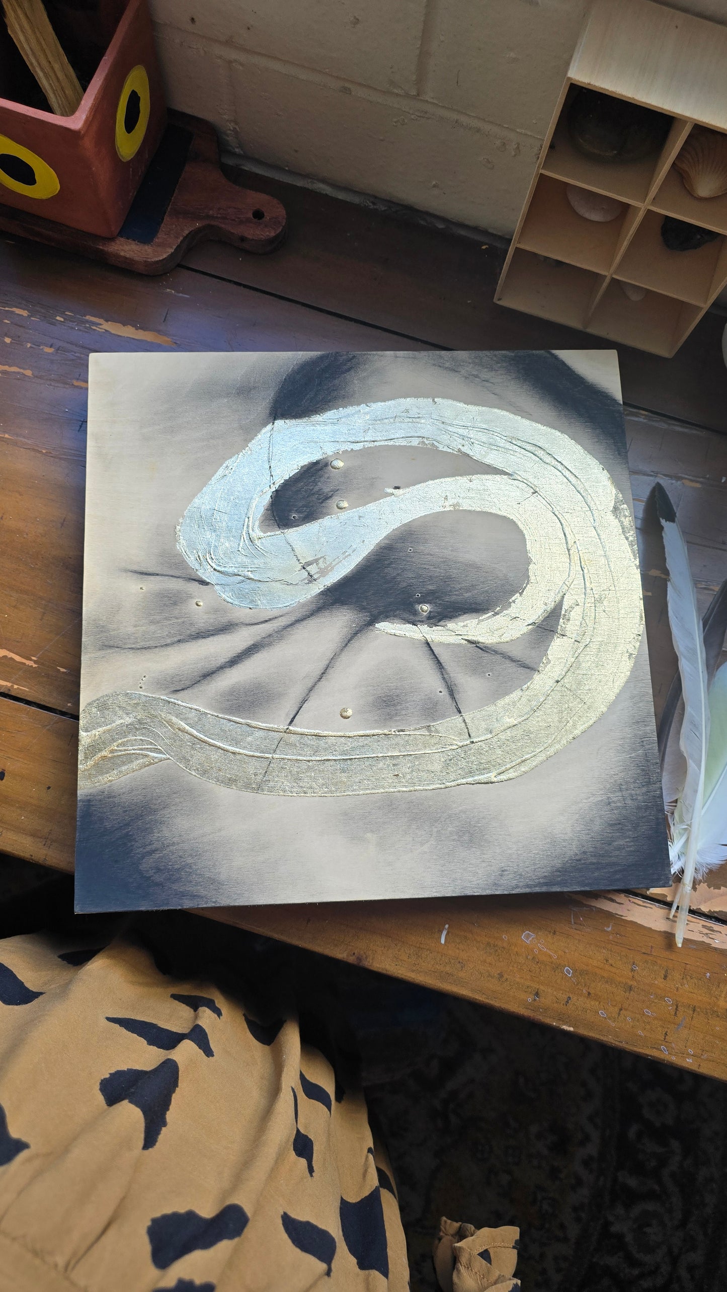 'Solar Plexus' charcoal and gold foil on wooden board