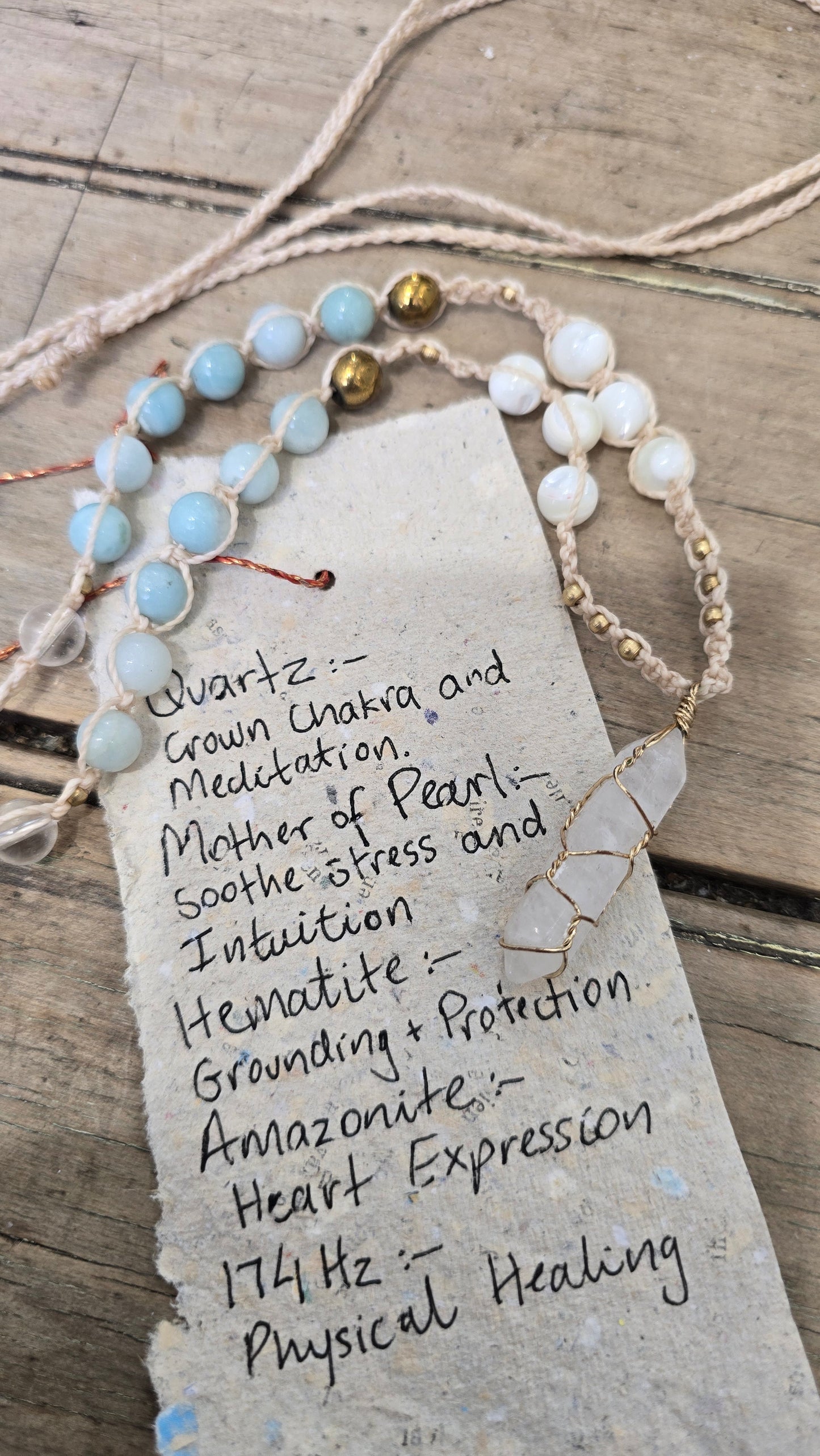Quartz Mother of Pearl Hematite Amazonite 174Hz frequency Necklace