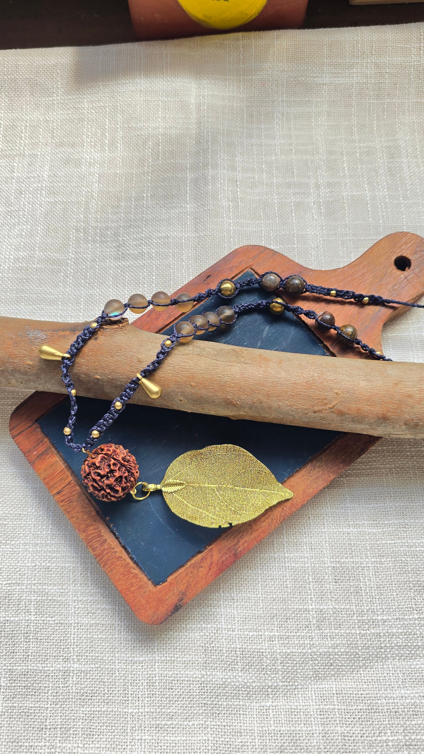 Gold Leaf Rudraksha seed Bronze Jasper Brown Labradorite Necklace