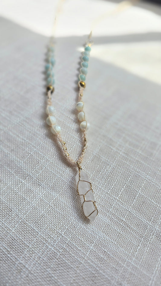 Quartz Mother of Pearl Hematite Amazonite 174Hz frequency Necklace