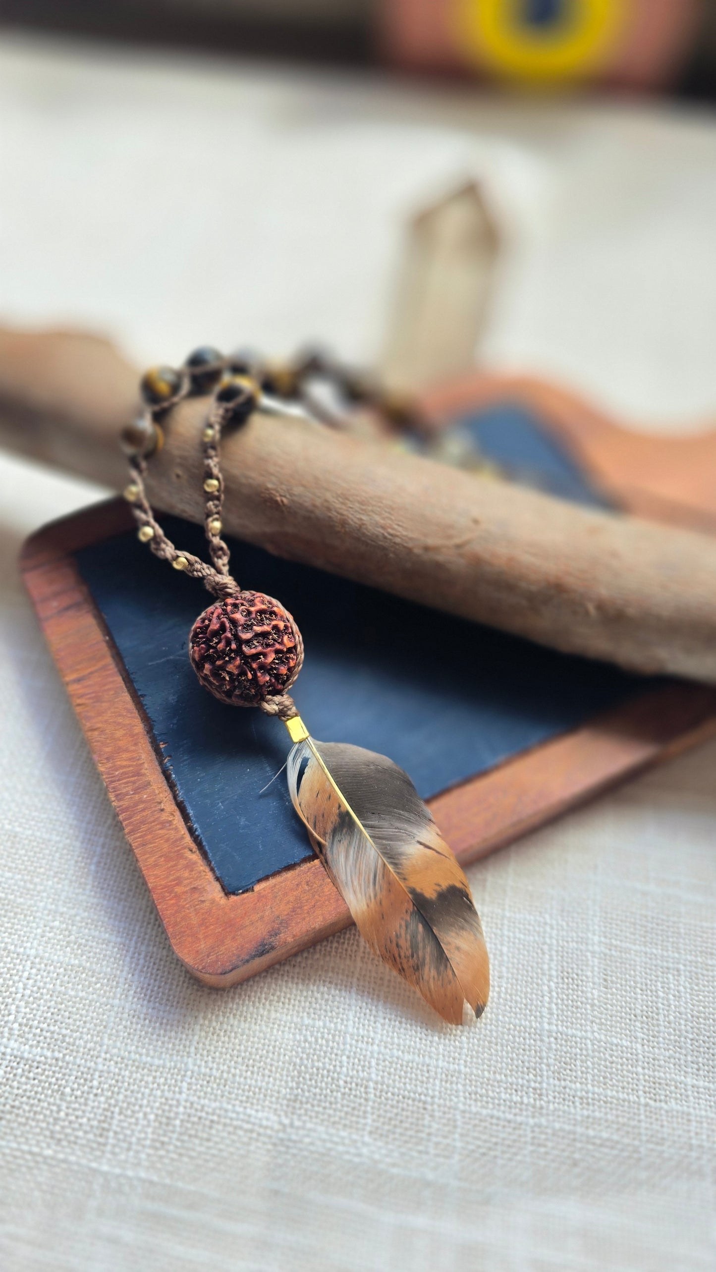Aracuna Feather Rudraksha Tigers Eye 115Hz Necklace
