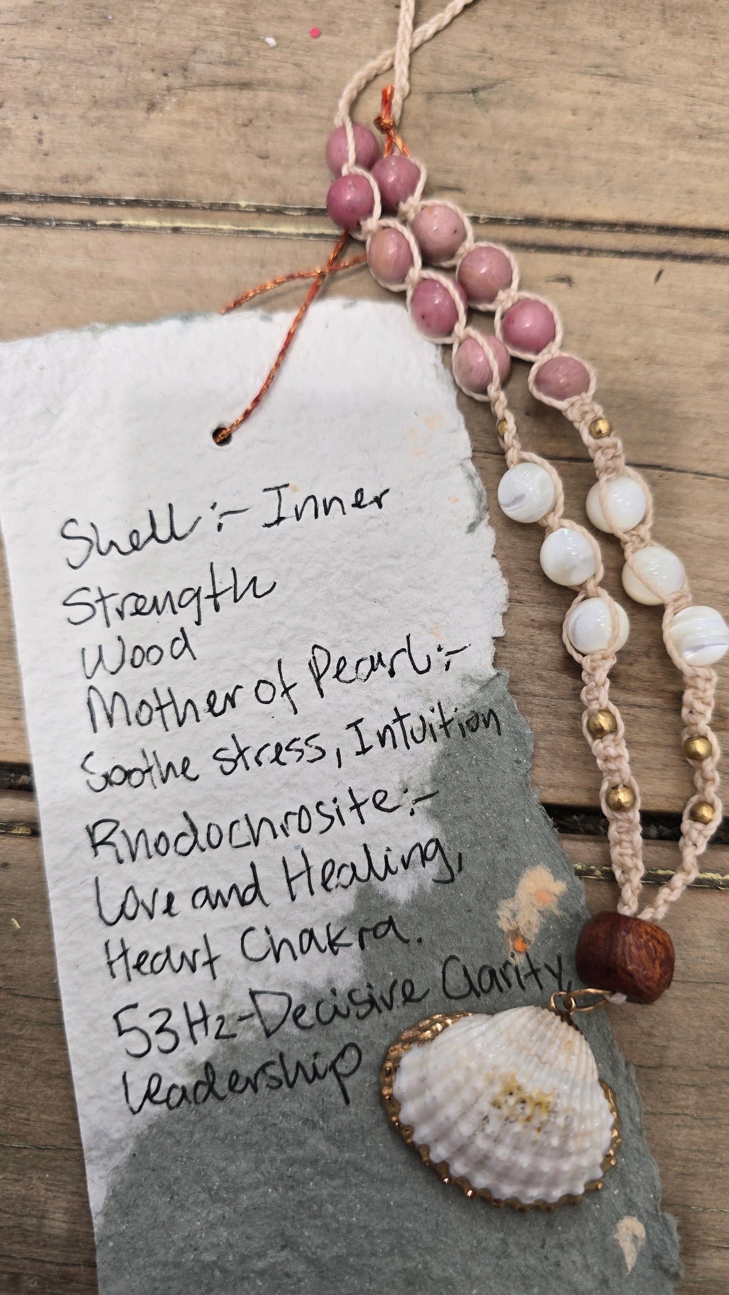 Shell Wood Rhodochrosite Mother of pearl Bronze 53Hz Necklace
